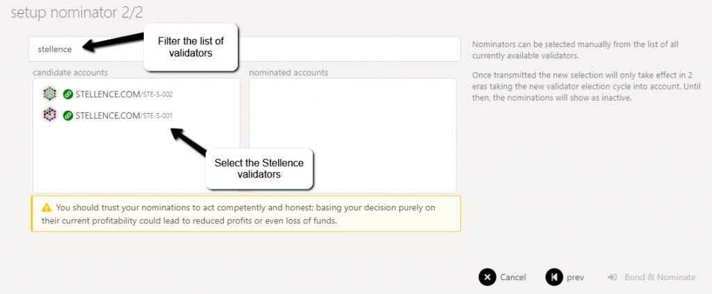 Kusama Staking Rewards Validator Selection Screenshot